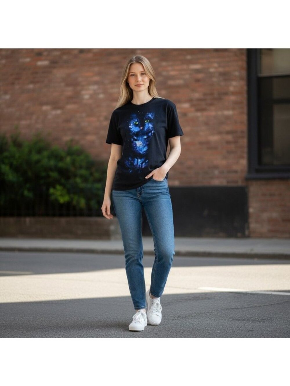 Hybrid Apparel Womens Galaxy Cat Graphic Black T-Shirt 100% Cotton Crew Neck Sho
